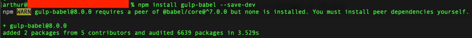 How to fix: npm WARN gulp-babel@8.0.0 requires a peer of @babel/core@