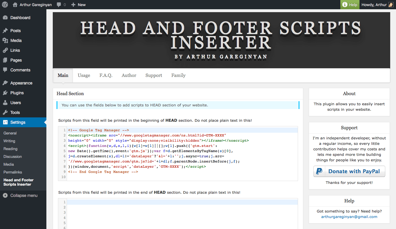 WP plugin "Head and Footer Scripts Inserter" by Space X-Chimp