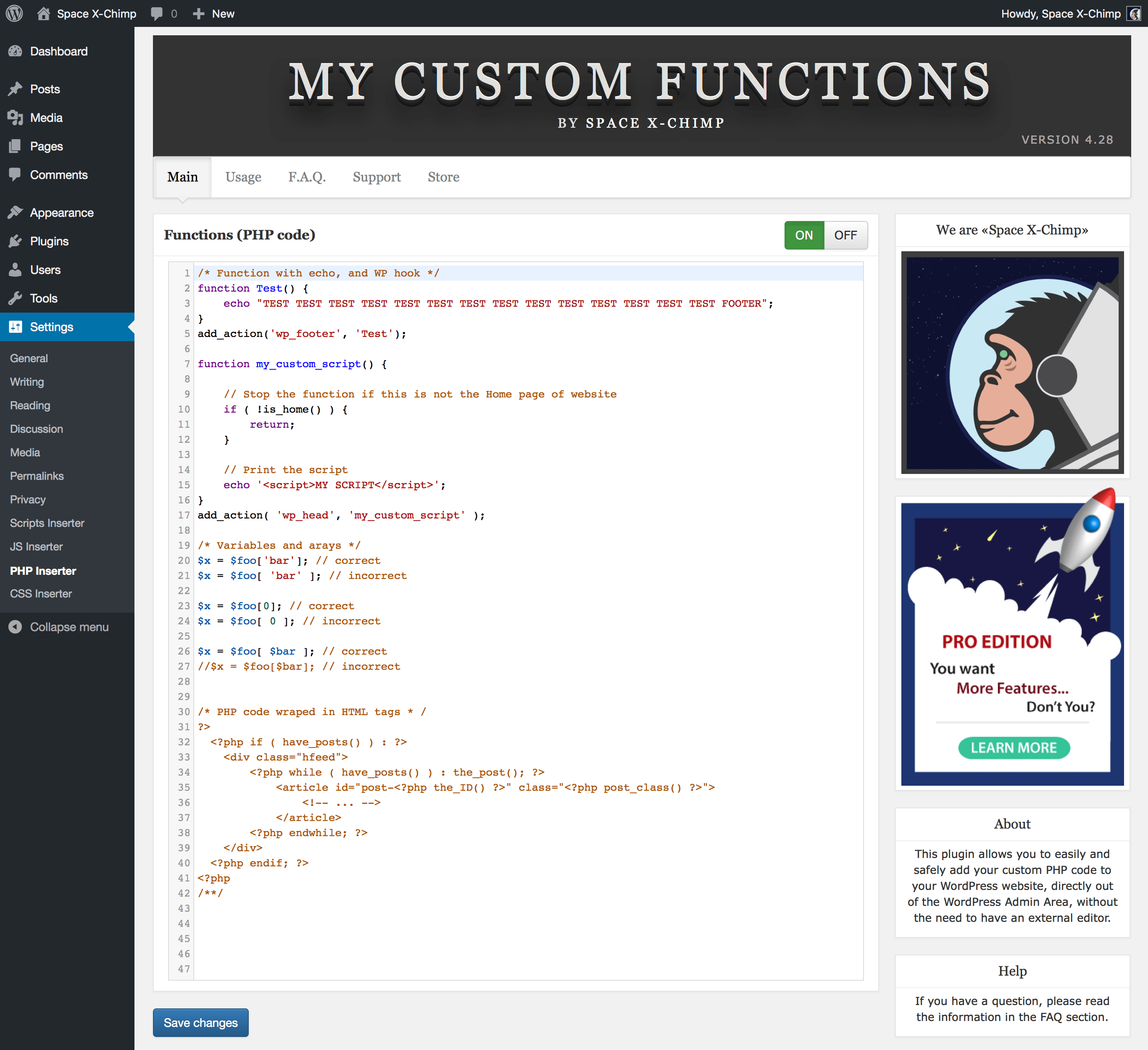 WP plugin "My Custom Functions" by Space X-Chimp