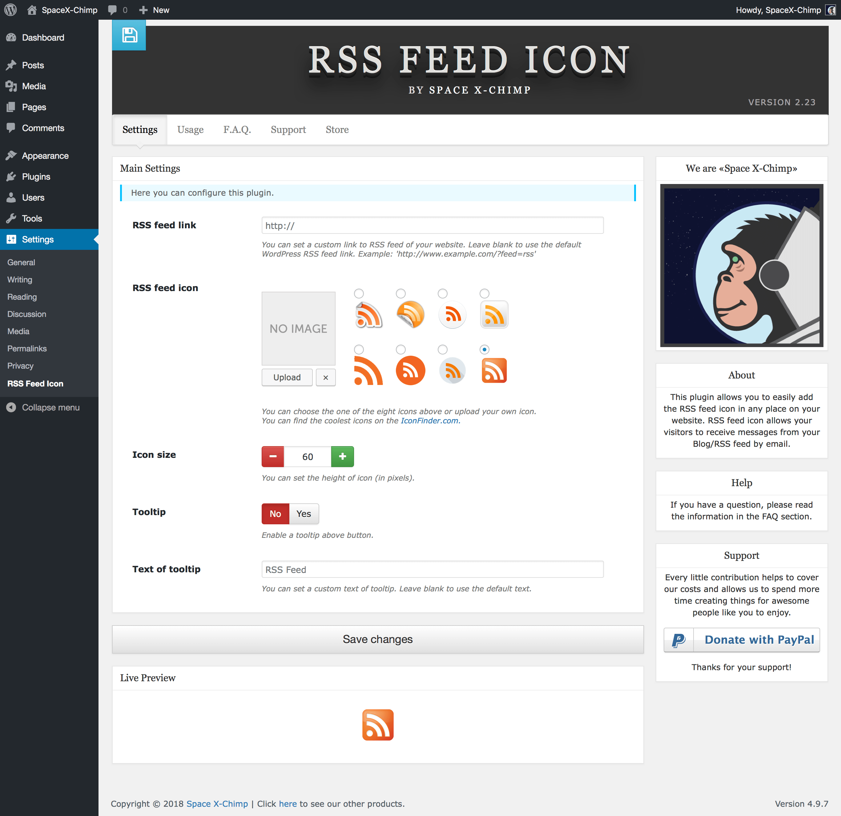 WP plugin "RSS Feed Icon" by Space X-Chimp