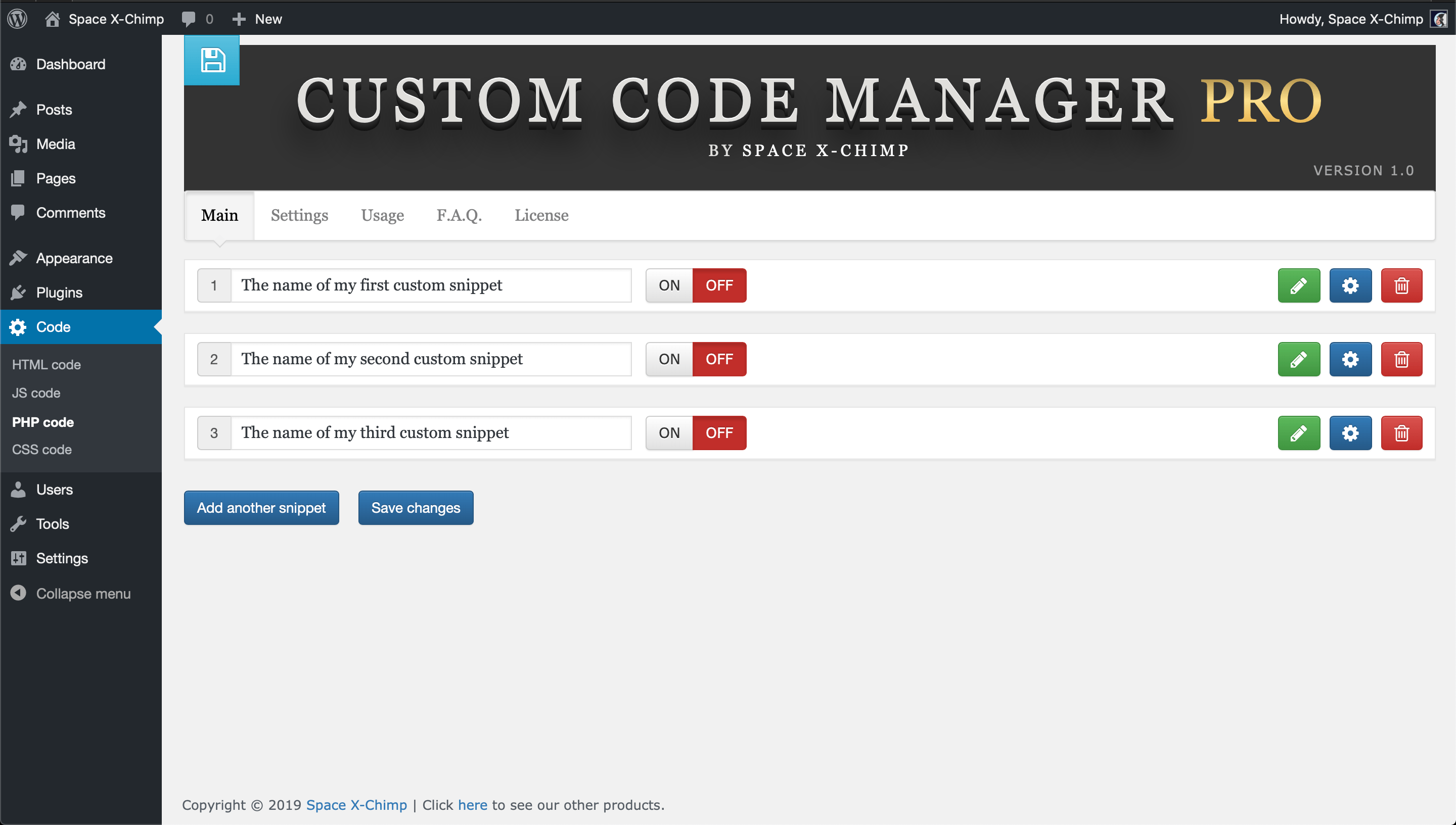 WP plugin "Custom Code Manager PRO" by Space X-Chimp