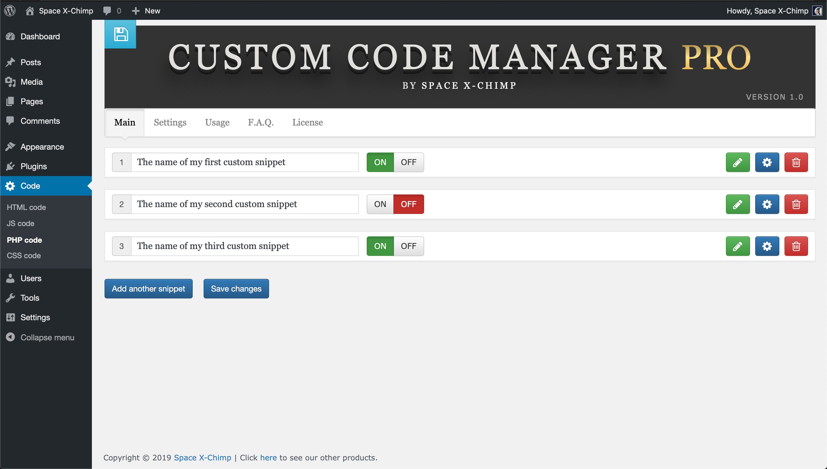 WP plugin "Custom Code Manager PRO" by Space X-Chimp