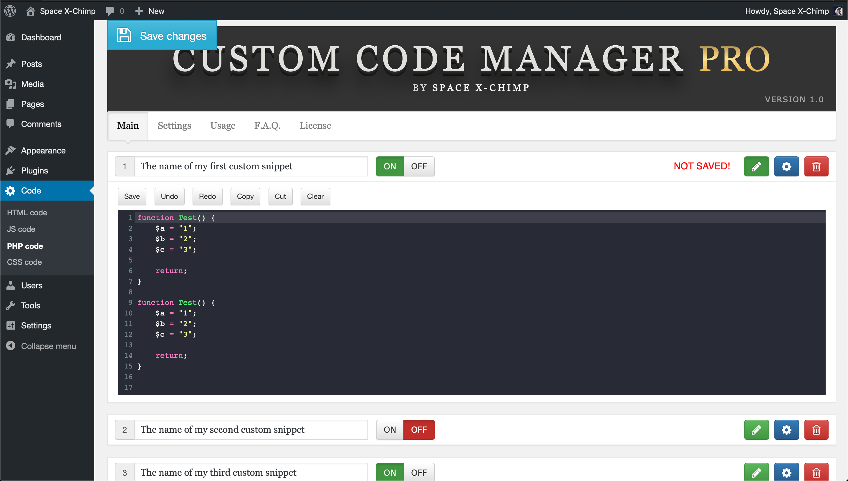 WP plugin "Custom Code Manager PRO" by Space X-Chimp