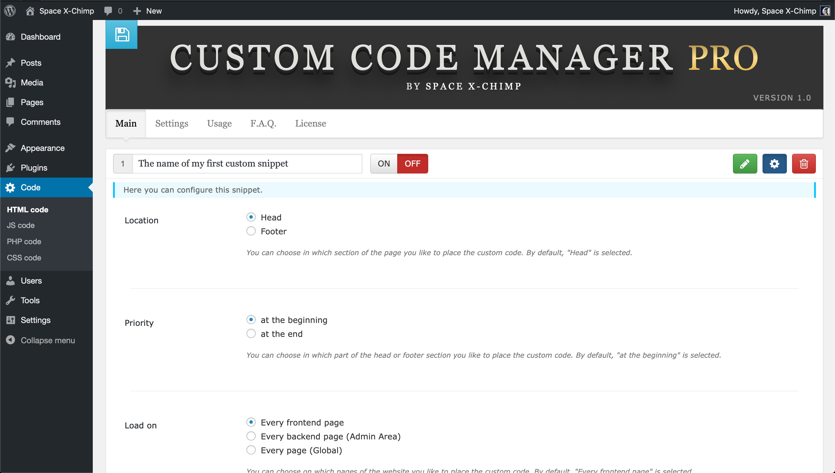 WP plugin "Custom Code Manager PRO" by Space X-Chimp