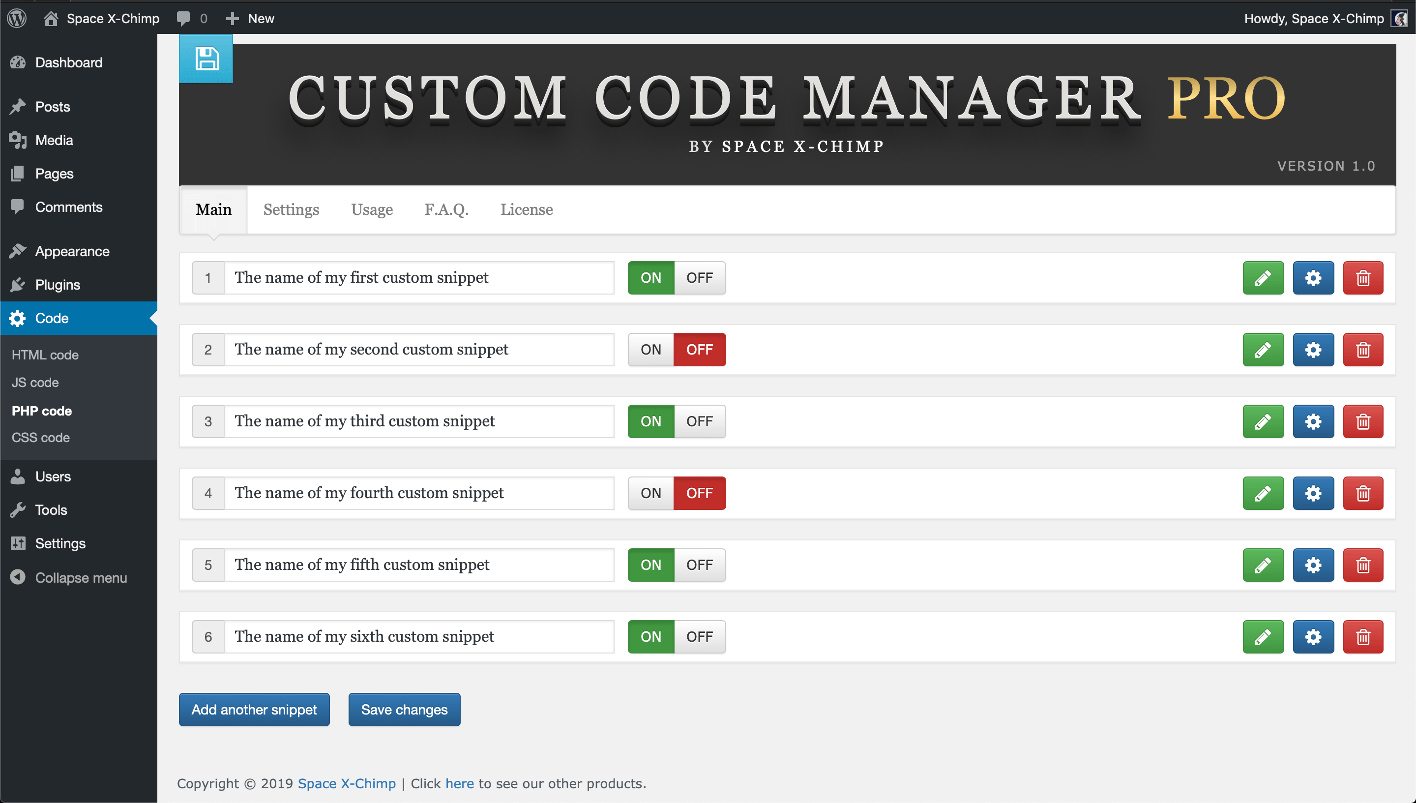 WP plugin "Custom Code Manager PRO" by Space X-Chimp