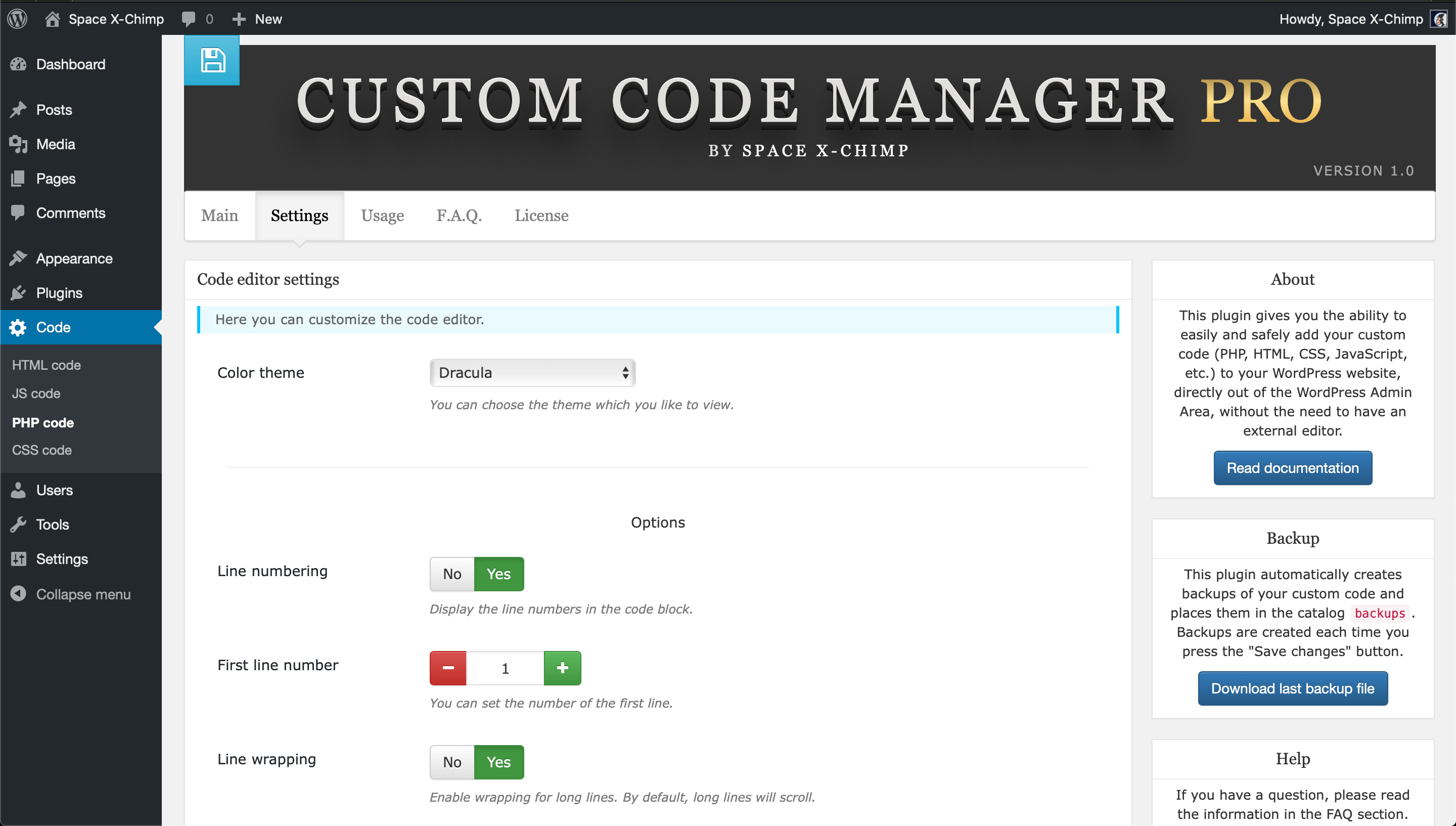 WP plugin "Custom Code Manager PRO" by Space X-Chimp