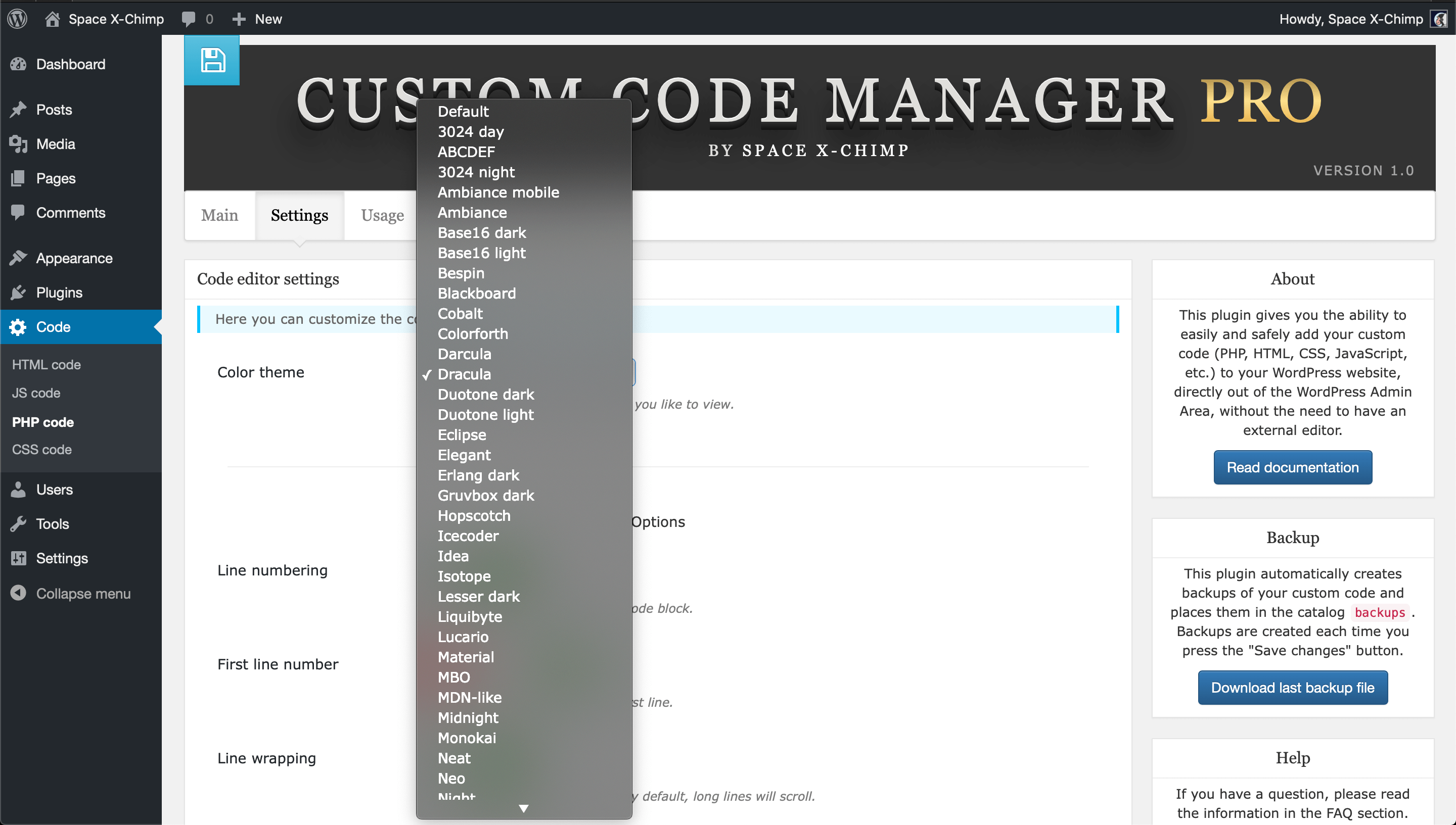 WP plugin "Custom Code Manager PRO" by Space X-Chimp