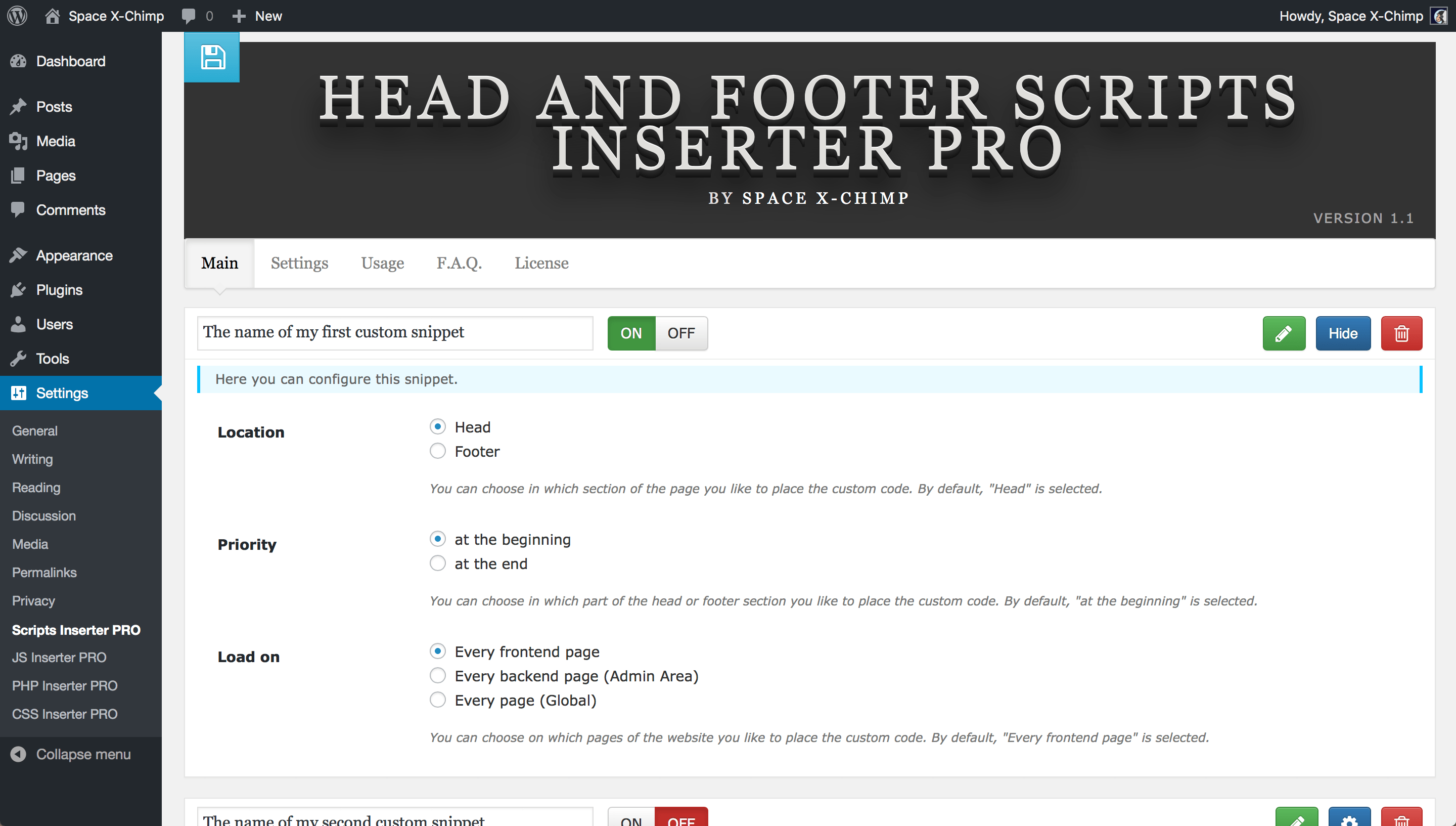 WP plugin "Head and Footer Scripts Inserter PRO" by Space X-Chimp