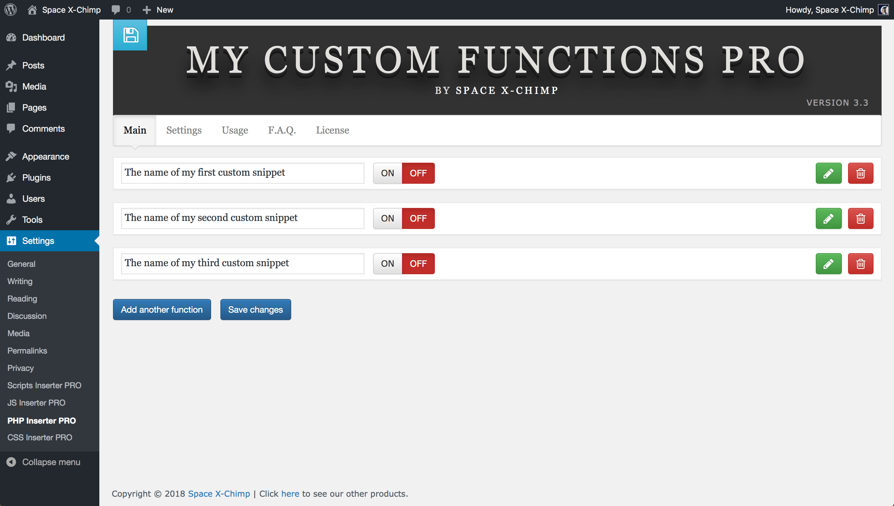 WP plugin "My Custom Functions PRO" by Space X-Chimp