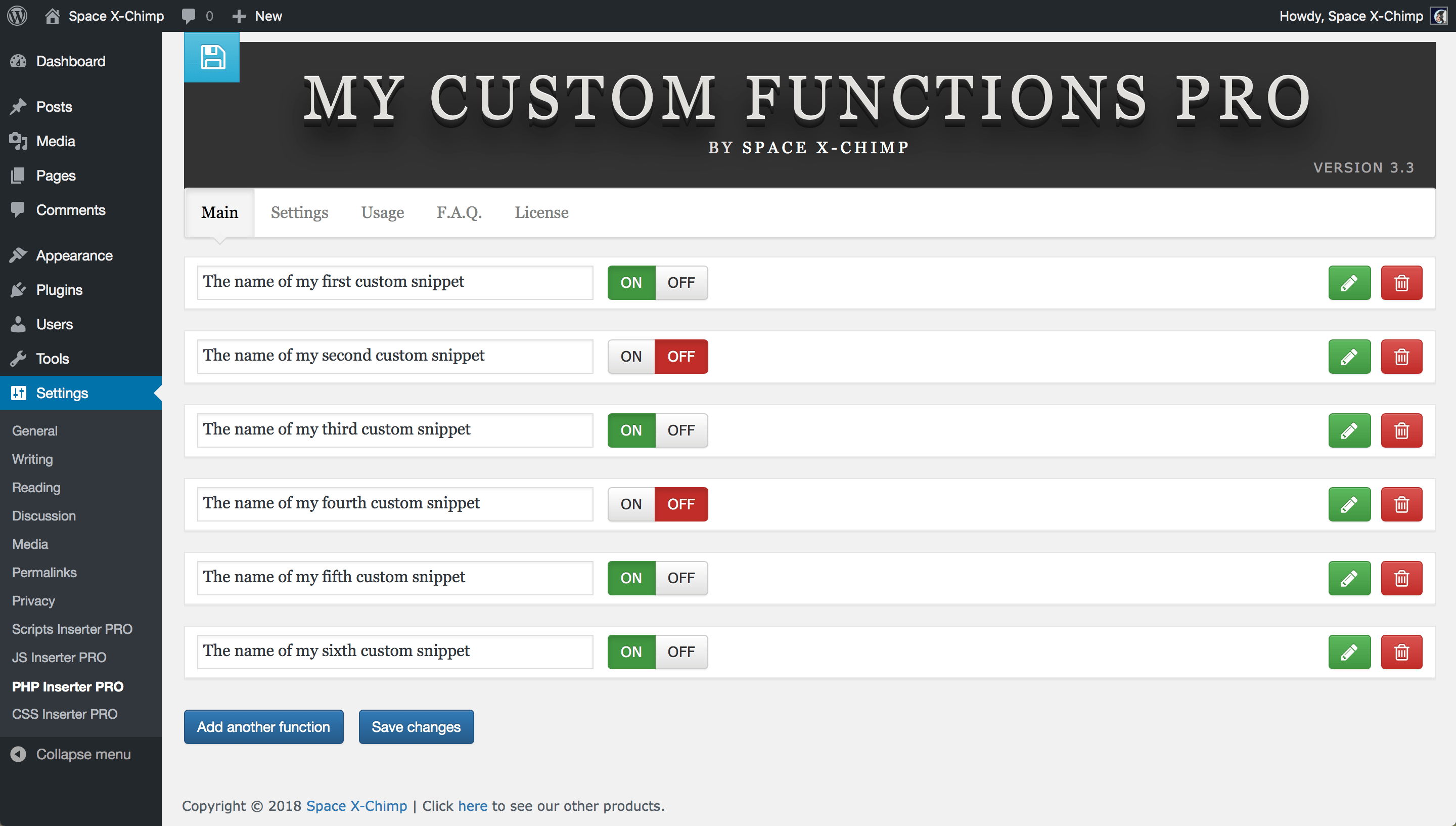 WP plugin "My Custom Functions PRO" by Space X-Chimp