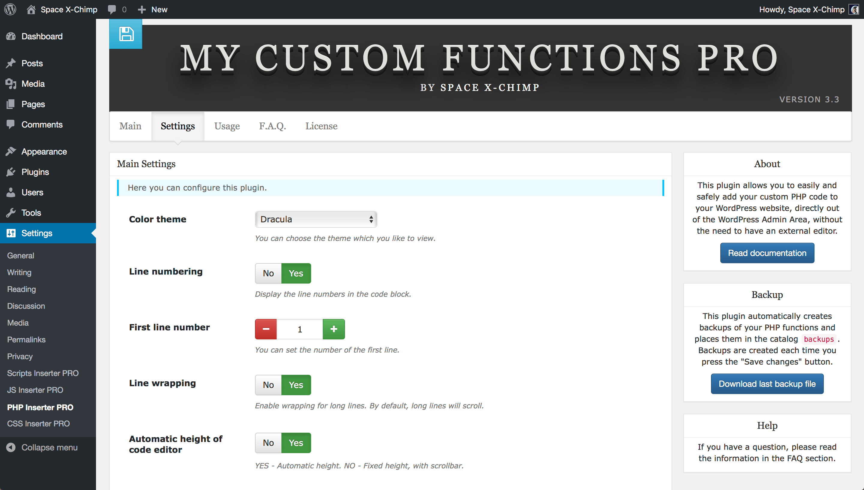 WP plugin "My Custom Functions PRO" by Space X-Chimp