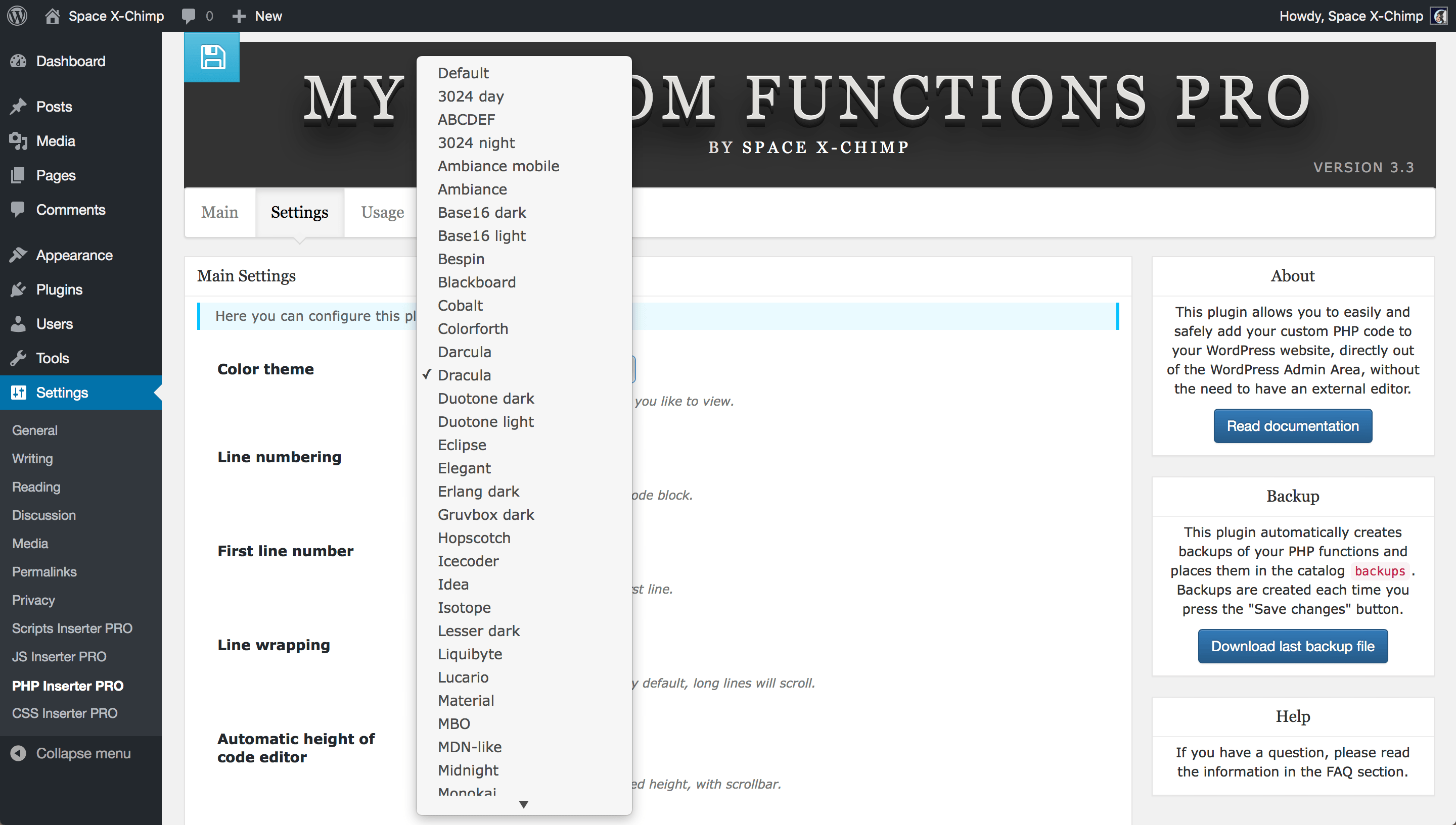 WP plugin "My Custom Functions PRO" by Space X-Chimp