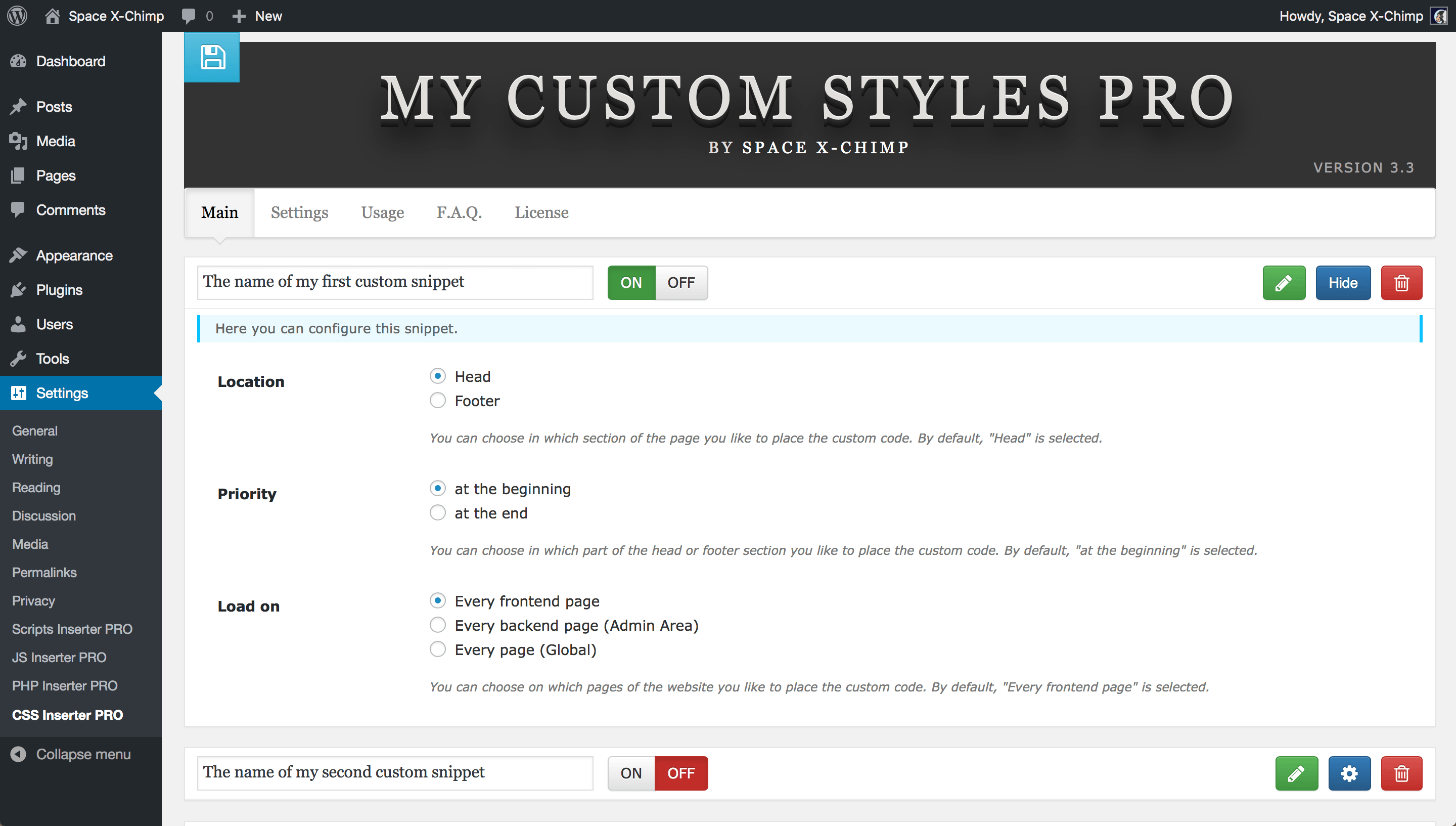 WP plugin "My Custom Styles PRO" by Space X-Chimp