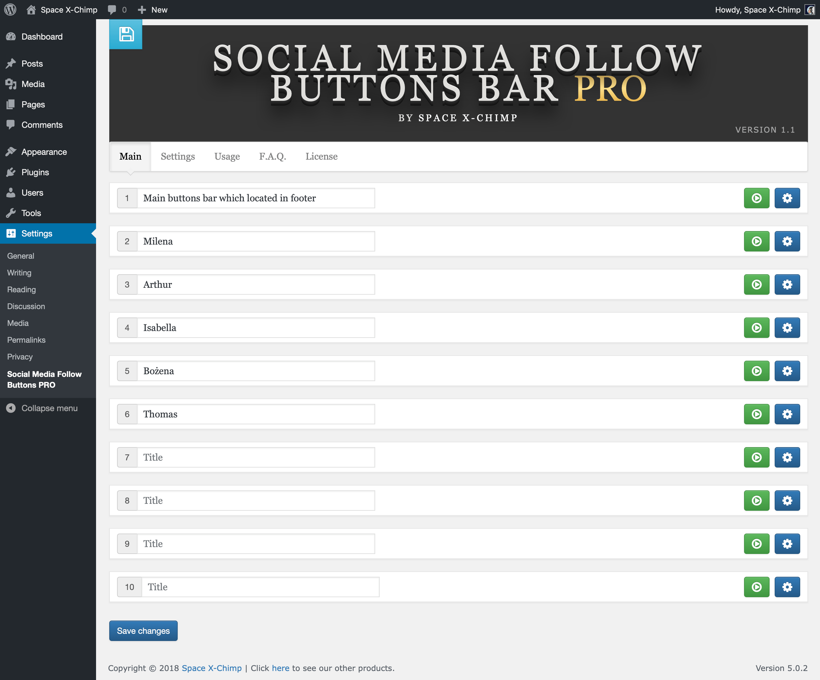 WP plugin "Social Media Follow Buttons Bar PRO" by Space X-Chimp