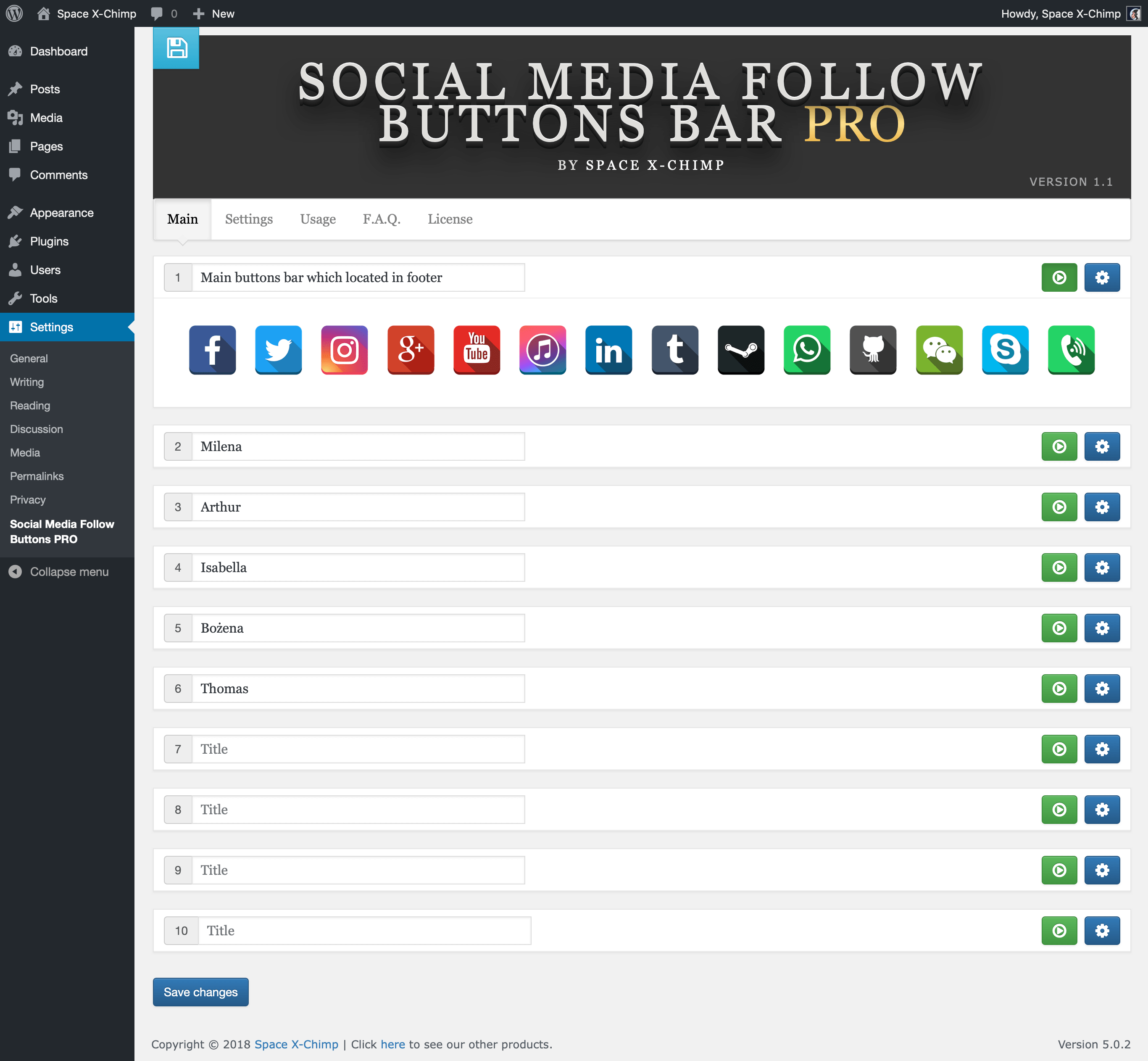 WP plugin "Social Media Follow Buttons Bar PRO" by Space X-Chimp