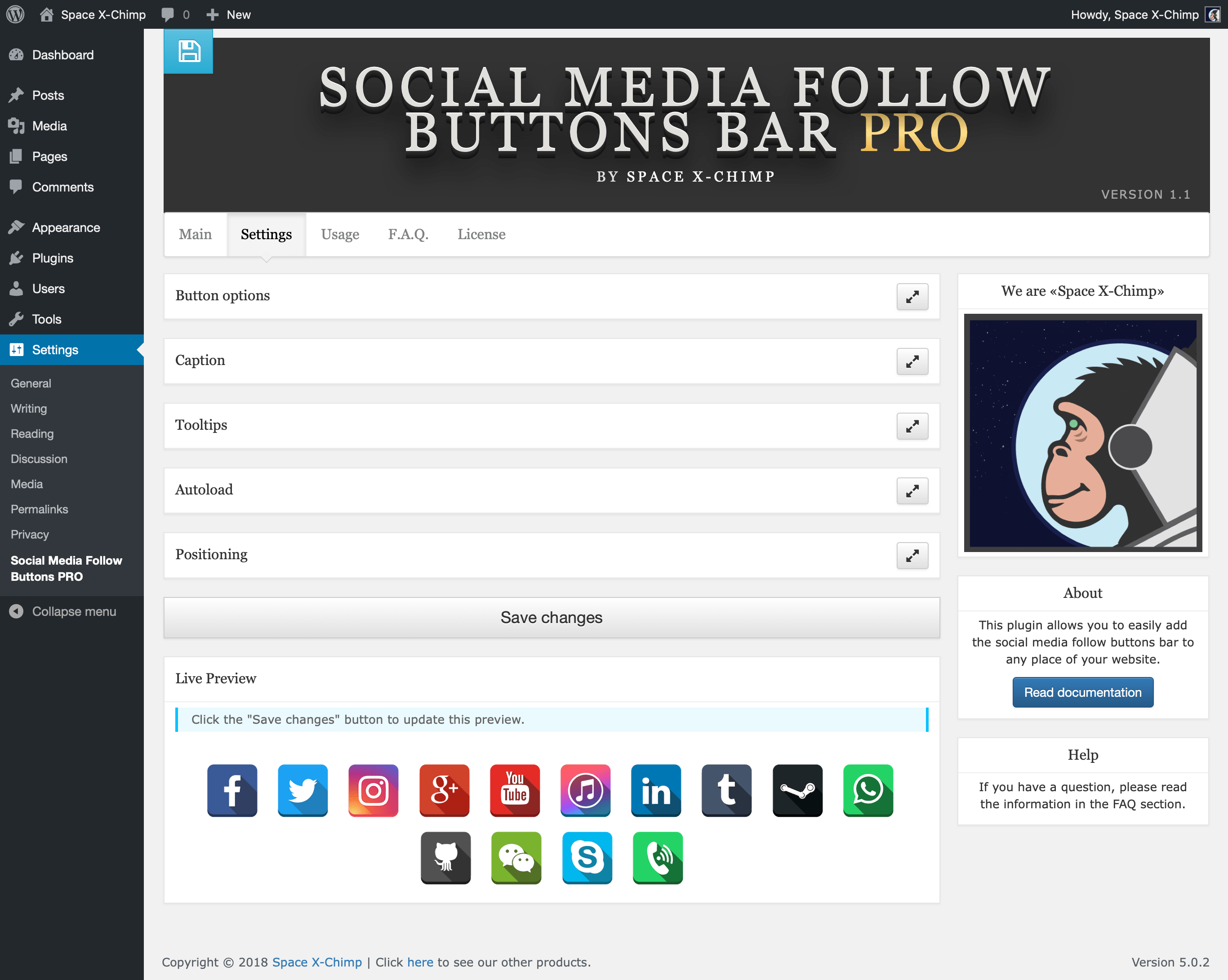 WP plugin "Social Media Follow Buttons Bar PRO" by Space X-Chimp