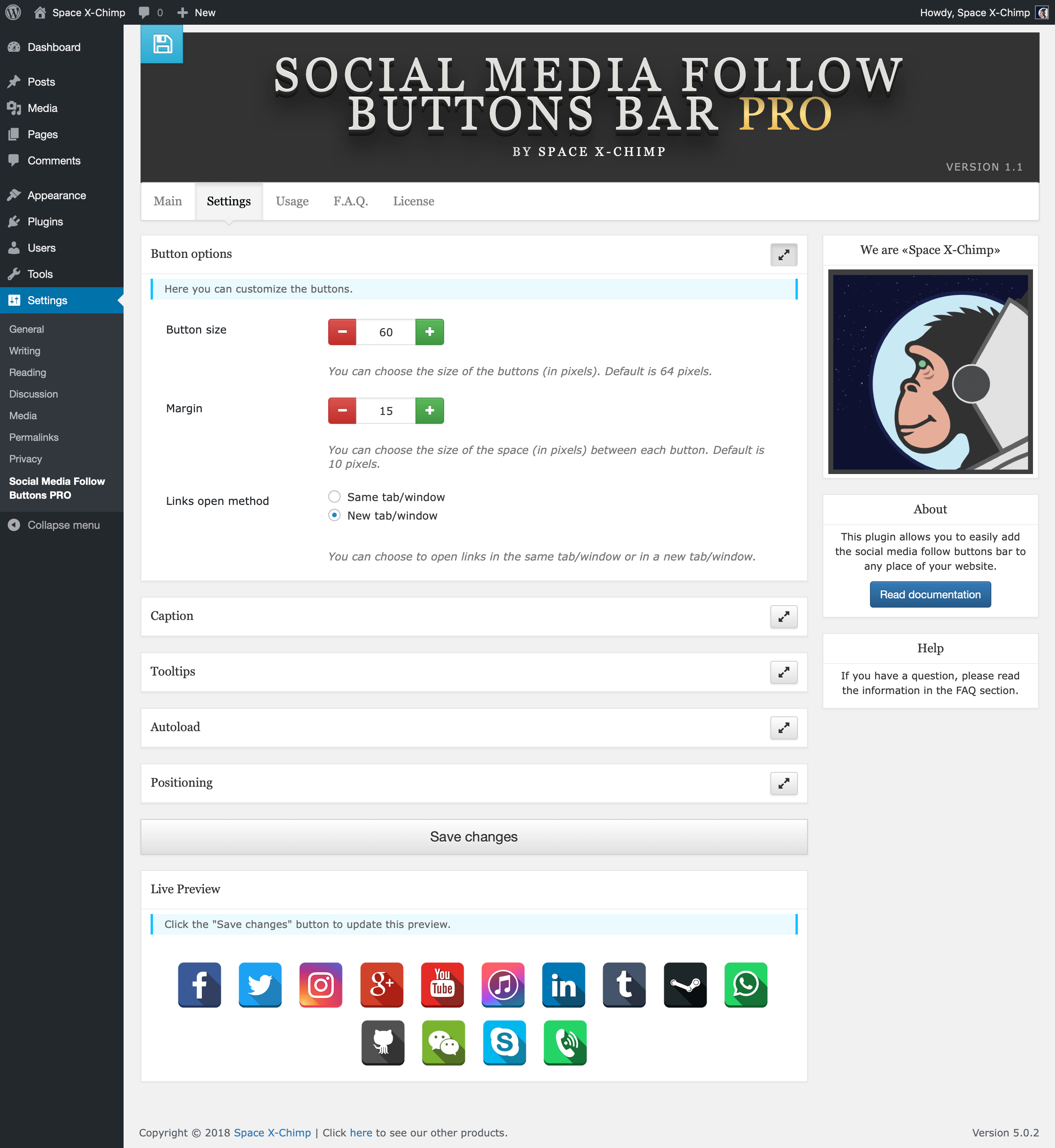 WP plugin "Social Media Follow Buttons Bar PRO" by Space X-Chimp